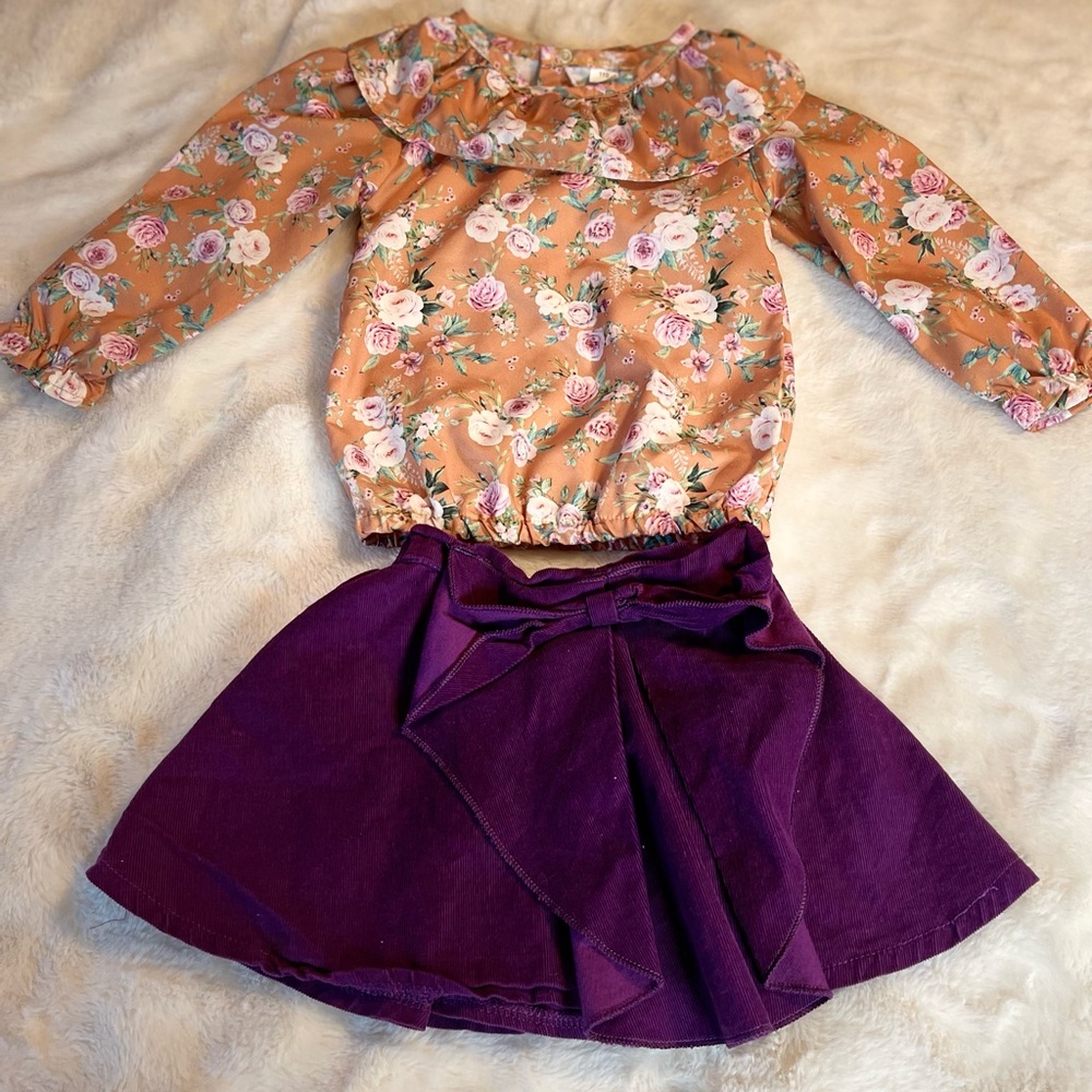 Marigold Floral Long sleeve with Purple Corduroy Skirt